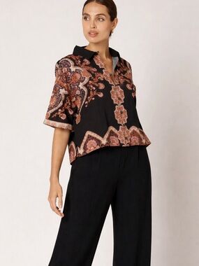 Cleobella Black Paisley-Print Collared Button-Down Top with Rust Accents